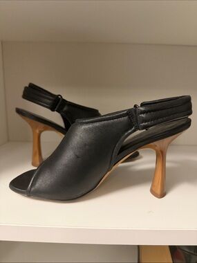 Vince Black Leather Open-Toe Slingback Heels with Wood-Tone Heel